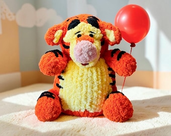 Chunky Hand Knit Tiger Inspired Plushie | Finger Knitting Orange Plush Teddy Bear Pattern | Video Tutorial w/ Written Pattern