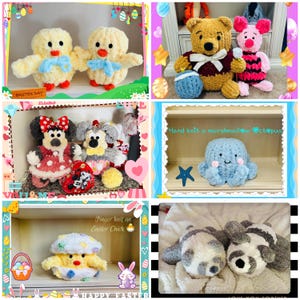 Puede incluir: Un collage de juguetes de punto hechos a mano, que incluye un pollito amarillo, un pulpo azul, una Minnie Mouse roja y blanca, un perezoso gris y blanco, y un oso marrón y un cerdo rosa. Los juguetes se muestran en estantes con fondos decorativos.