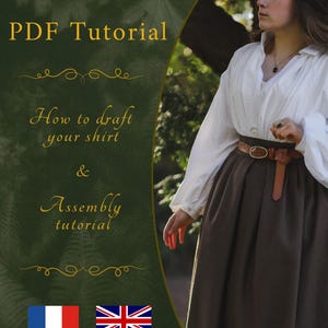 Puede incluir: Una portada de tutorial en PDF con el texto "PDF Tutorial" y "How to draft your shirt & Assembly tutorial". La imagen presenta a una mujer con una blusa blanca, una falda marrón y un cinturón marrón. Las banderas francesa y británica están abajo.