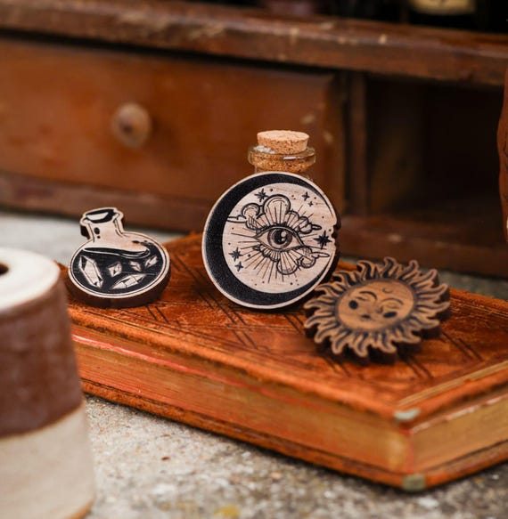Ready to Ship - Wooden Pins - Mystic Eye, Celestial Sun, and Potion Bottle | Sustainable Wood | Mystical & Esoteric Accessories