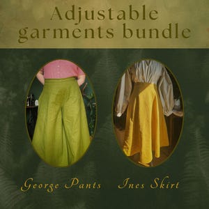 May include: An image promoting an adjustable garments bundle. The image features two garments: George Pants in green and an Ines Skirt in yellow. The text "Adjustable garments bundle" is at the top, with the names of the garments below.