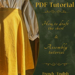 Può includere: Copertina di un tutorial PDF con una gonna gialla e una camicetta color crema. Il testo include "PDF Tutorial", "How to draft the skirt & Assembly tutorial", e "French / English" su sfondo verde scuro.