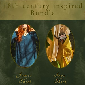 Peut inclure: Un ensemble d'inspiration du XVIIIe siècle comprenant une chemise bleue James et une jupe jaune Ines. La chemise a des manches longues et un col en V. La jupe est de couleur jaune moutarde. L'image comprend le texte "18th century inspired Bundle".