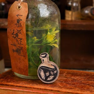 May include: A wooden pin shaped like a potion bottle with a black and white illustration of crystals inside. The pin is sitting on a brown book with a glass bottle filled with green plants in the background.