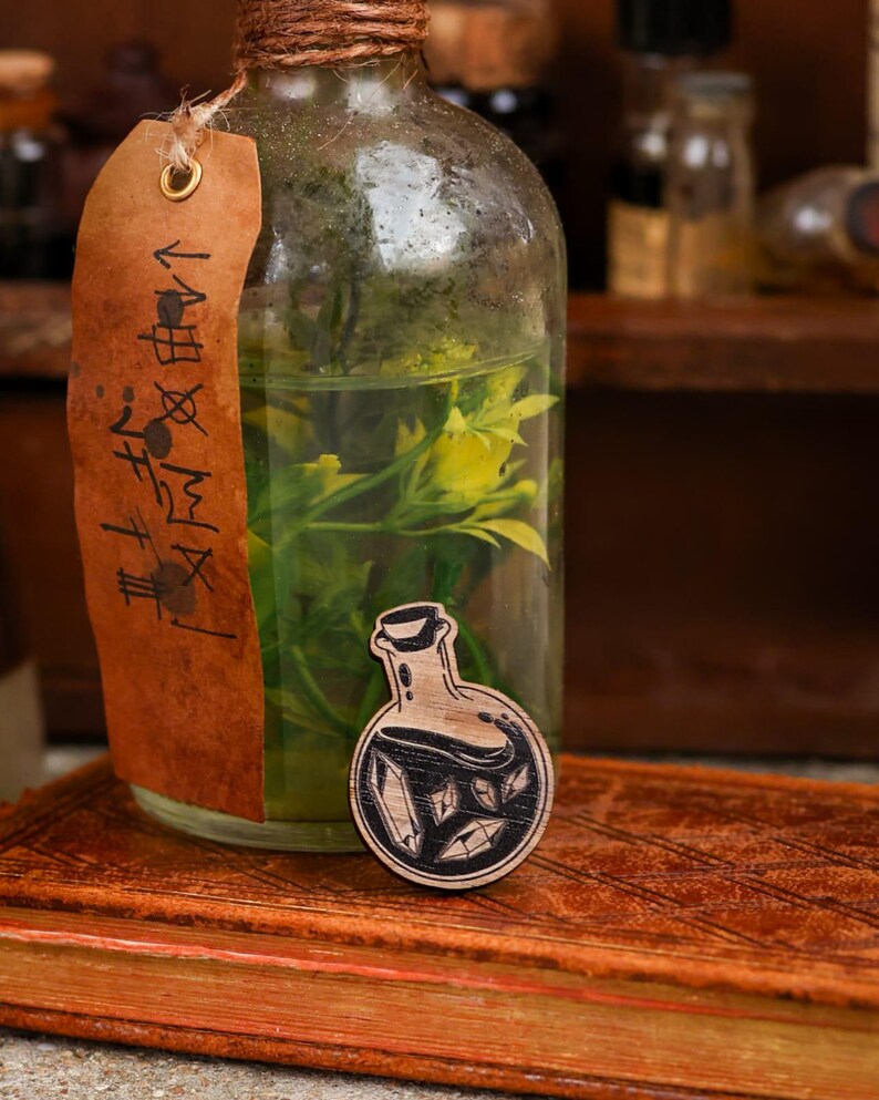 May include: A wooden pin shaped like a potion bottle with a black and white illustration of crystals inside. The pin is sitting on a brown book with a glass bottle filled with green plants in the background.