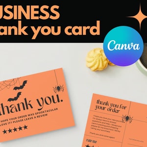 May include: Halloween-themed orange business thank you cards. The cards feature bats, spiders, and spiderwebs. Text includes "thank you" and "thank you for your order". The Canva logo is also visible.