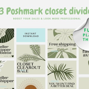 Könnte beinhalten: Eine Sammlung von Poshmark-Kleiderschrankteilern mit einem lustigen Pflanzenthema. Die Teiler zeigen botanische Illustrationen und Texte wie „Top-Seller“, „Sofort-Download“ und „Kleiderschrank-Ausverkauf“. Das Design soll den Umsatz steigern und einen professionellen Look schaffen.