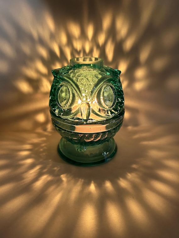 Peacock blue Uranium glass owl fairy light  high glow - tea light - gift
