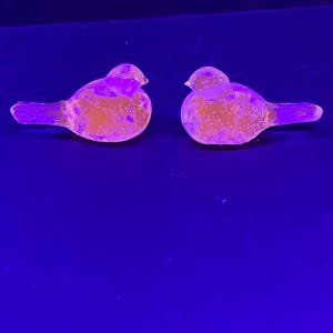 May include: Two small, glass bird figurines with a rounded body and a pointed beak. The birds are a translucent purple color with an orange glow, set against a dark blue background.