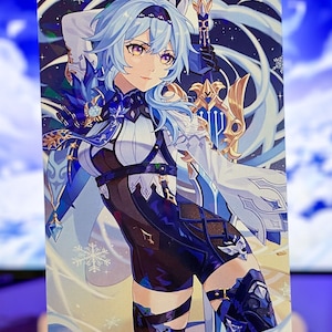May include: A blue-haired anime character with a sword, wearing a blue and black outfit with gold accents. The background is a blue and white starry sky with snowflakes.