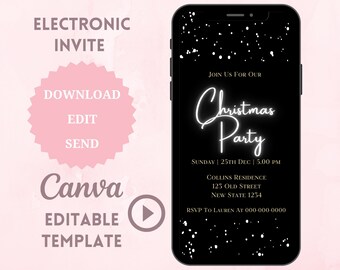 Neon Animated Christmas Evite, Christmas Party Video Mobile Invitation, Holiday Party, Instant Digital Download, Send Via Text SMS Email