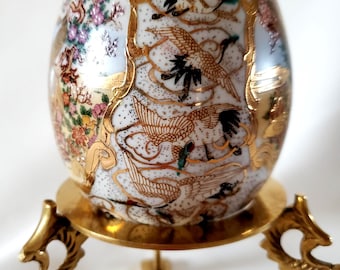 Antique 1912 Hand Painted Porcelain Real 24k Gold Accents Satsuma egg on Brass Stand