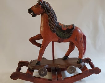 Toy Rocking Horse, Hand Crafted, wood, Vintage Painted Primitive Folk Art 12.25 inches. Very good Vintage condition. Beautiful collectible
