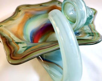 MCM Murano Hand-Blown Venetian Art Glass Horn of Plenty Centerpiece - Rainbow Swirls. 11" x 9" x 5"
