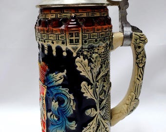 Vintage Frankfurt, Germany Beer Stein Original King 1000 W Hand Painted Pewter Lid