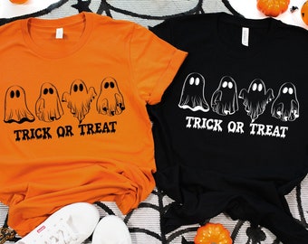 Camiseta de truco o trato, camisa de Halloween, linda camisa de dibujos animados fantasma, sudadera de Halloween de otoño para mujeres hombres niños unisex, camisa de temporada espeluznante