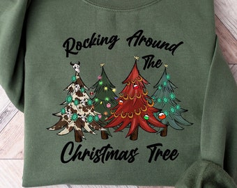 Rockin 'Around The Christmas Tree Sweatshirt, Retro Weihnachten Western Sweatshirt, Cowboy Weihnachten Sweatshirt, Weihnachtsgeschenk, Familien Shirt,
