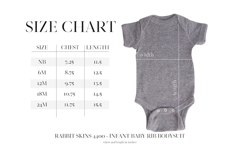 May include: Size chart for infant baby rib bodysuit in sizes NB to 24M. Chest and length measurements are in inches.