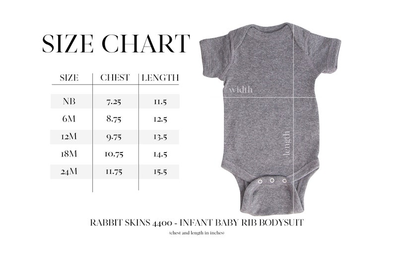 May include: A gray infant baby rib bodysuit with a size chart. The chart shows chest and length measurements in inches for sizes NB to 24M. The bodysuit has a snap closure and short sleeves. The text "RABBIT SKINS 4400 - INFANT BABY RIB BODYSUIT" is also visible.