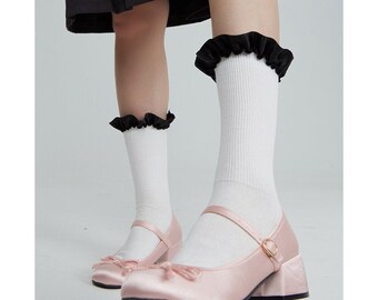 Ruffle Crew Socks | Frilly Mid Calf Socks | Cotton Quarter Socks | Spring/Summer Fashion Socks For Women