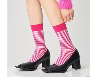 Stripe Crew Socks | Cotton Mid Calf Socks | Preppy Quarter Socks | Spring/Summer/Fall Fashion Socks For Women