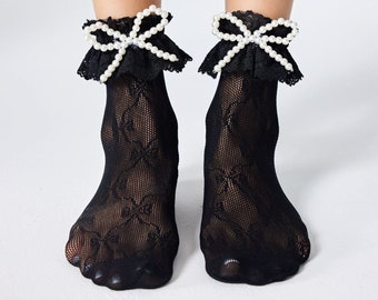 Lace Crew Princess Socks | Pearl Bowknot Quarter Socks | Ruffle Ankle Socks | Spring/Summer/Fall Cute Socks For Women