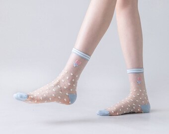 Sheer Crew Sock | Love Heart/ Polka Dots/ Stripe Transparent Ankle Socks | Crystal Silk Socks | Spring/Summer Socks For Women