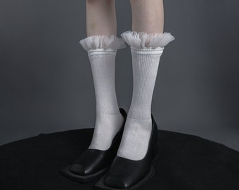 Lace Ruffle Knee High Socks | Frilly Cotton Long Socks | Spring/Summer/Fall Fashion Socks For Women