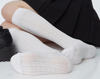 Twist Rib-knit Knee High Socks | White/Black Long Cotton Socks | Spring/Fall/Winter Fashion Socks For Women