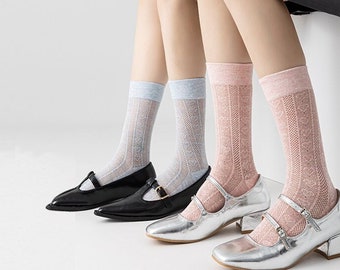 Heart Crew Socks | Thin Quarter Socks | Pointelle Mid Calf Socks | Cute Socks Spring/Summer/Fall For Women
