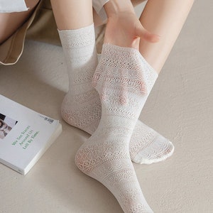 Thin Slouch Crew Socks | Pointelle Tube Socks | Spring/Summer Socks For Women