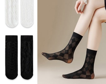 Sheer Crew Socks / Check/Argyle calcetines tobilleros transparentes / calcetines de seda de cristal / calcetines de moda de primavera/verano para mujer