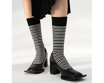 Black & White Stripes Calf Socks | Stripe Over Calf Socks  Tube Socks | Spring/Summer/Fall Socks For Women