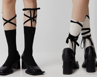 Cross Strap Crew Socks | Ribbon Mid Calf Socks | Bamboo Quarter Socks | Spring/Summer/Fall Fashion Socks For Women