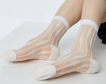 Chaussette transparente à rayures | Chaussettes mi-mollet transparentes | Chaussettes en soie cristal | Chaussettes Printemps/Été Pour Femme