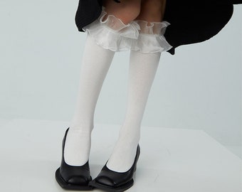 Lace Ruffle Knee High Socks | Frilly Cotton Long Socks | Spring/Summer/Fall Fashion Socks For Women