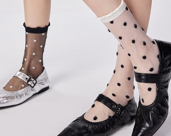 Polka Dots Sheer Sock | Ruffle Transparent Crew Socks | Crystal Silk Socks | Spring/Summer Socks For Women