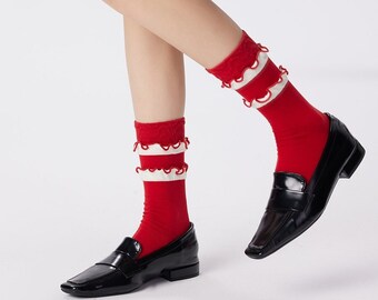 Red Ruffle Crew Socks | Slouch Calf Socks | Cotton Quarter Socks | Winter/Christmas Fashion Socks For Women