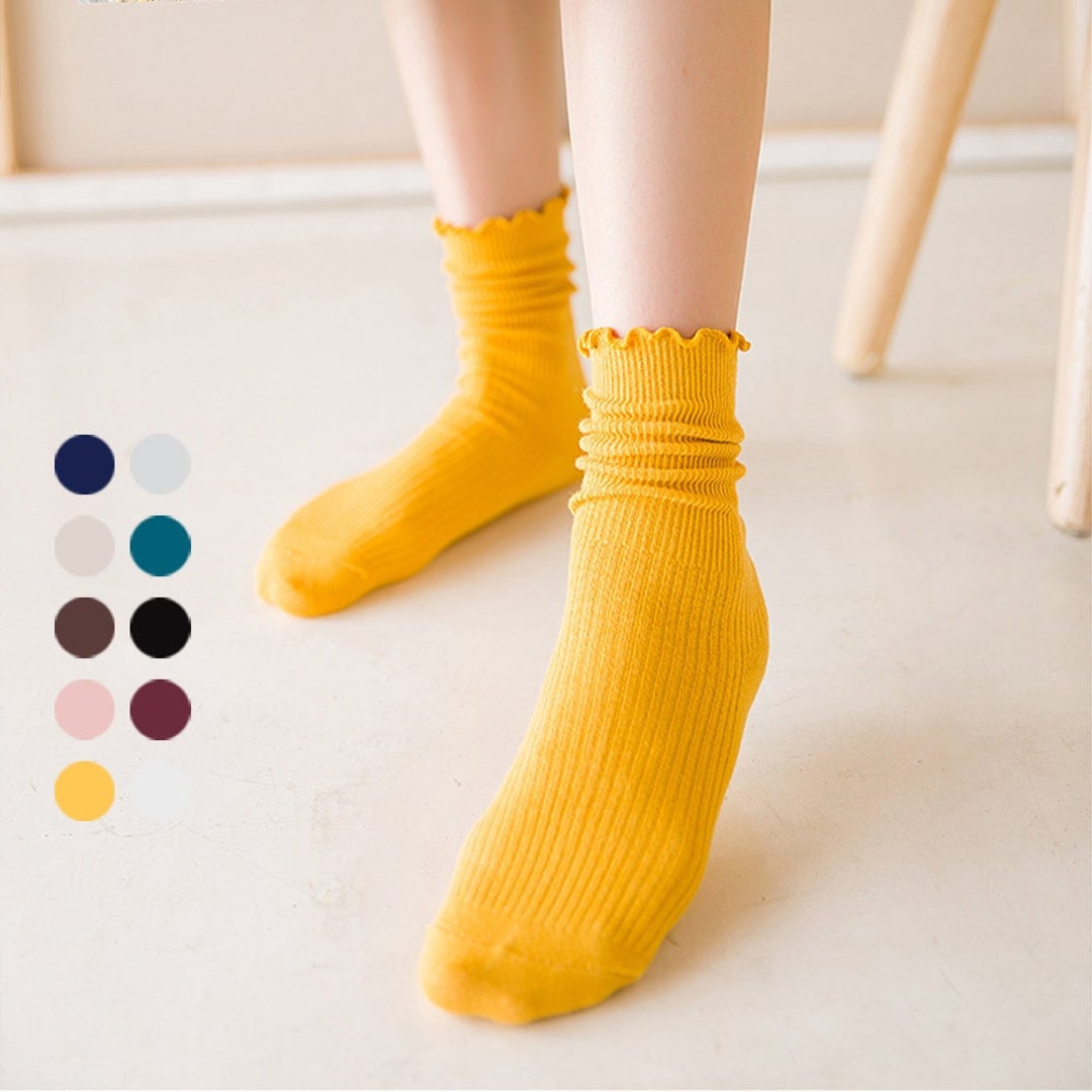 Ruffle Ribbed Crew Socks Frilly Cotton Ankle Socks Lettuce Edge Socks