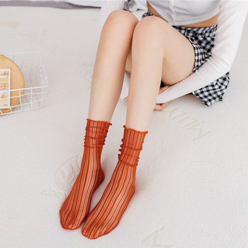 Tulle Crew Socks Stripe Transparent Ankle Socks Crystal Silk Quarter Socks Spring/Summer Fashion Socks For Women Red