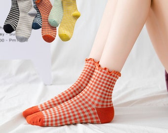 Ruffle Check Crew Socks | Frilly Cotton Ankle Socks | Lettuce Edge Socks | Summer/Spring Socks For Women