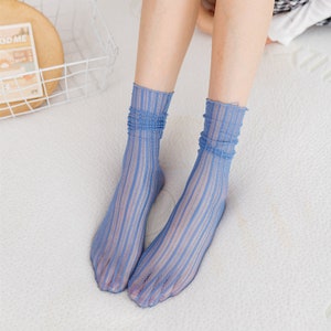 Calcetines de tul para la tripulación/calcetines tobilleros transparentes a rayas/calcetines de seda de cristal/calcetines de moda de primavera/verano para mujer Azul