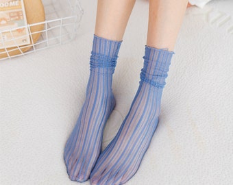 Tulle Crew Socks | Stripe Transparent Ankle Socks | Crystal Silk Quarter Socks | Spring/Summer Fashion Socks For Women