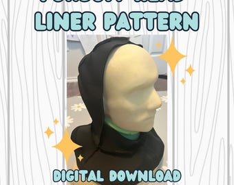 May include: A black fabric head liner pattern for a fursuit. The pattern is shown on a foam head form. The text "FURSUIT HEAD LINER PATTERN" is at the top of the image. The text "DIGITAL DOWNLOAD & INSTRUCTIONS" is at the bottom of the image.