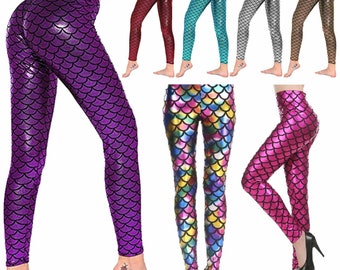 Women Kids Fish Scale Mermaid Leggings Ladies Metallic Disco Shiny Sparkle Pants Kids and Plus sizes Up to 3XL