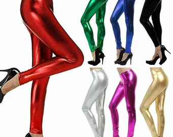 New Womens Kids Disco Leggings Stretch Shiny Ladies American Metallic Wet Look Pant Party Leggings Kids and Ladies Plus Size 3XL