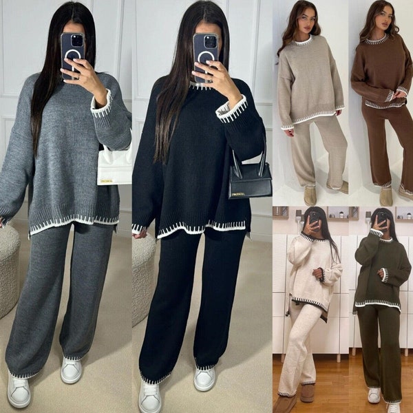 Women's Stitched Knitted Jumper Top Wide Leg Trousers 2PCS Co ord Loungewear Set