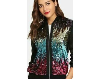 Ladies Multi colour Sequin Glitter Bomber Club Dance Party Festival Costume Biker Jacket