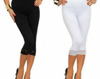 Women's Capri Ultra Soft Lace Trim Leggings Stretchy Cotton 3/4 Cropped Pant