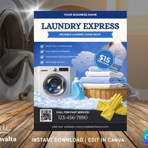 May include: A promotional flyer for Laundry Express, featuring a washing machine, laundry detergent, and stacks of folded towels. The flyer includes the text "Laundry Express, Reliable Laundry. Done Right." and service details.